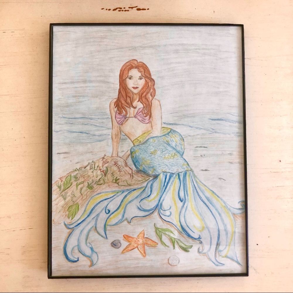 Beach Mermaid Wall Art w Frame, Hand Drawn 🧜🏼‍♀️